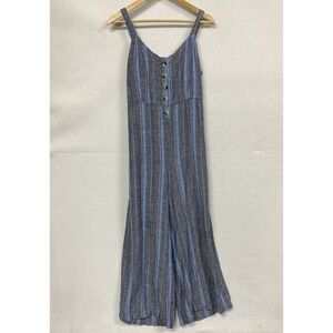 Indigo Reign Womens M Jumpsuit Blue Striped Linen Blend Wide Leg Boho Coastal
